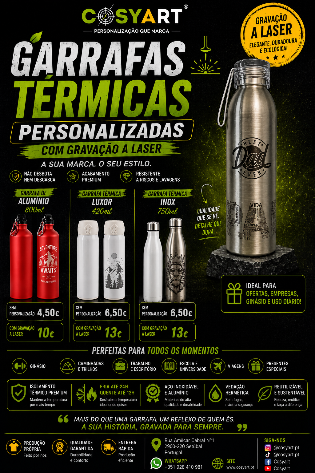 Garrafas Térmicas personalizadas com gravação a laser, qualidade e detalhe.