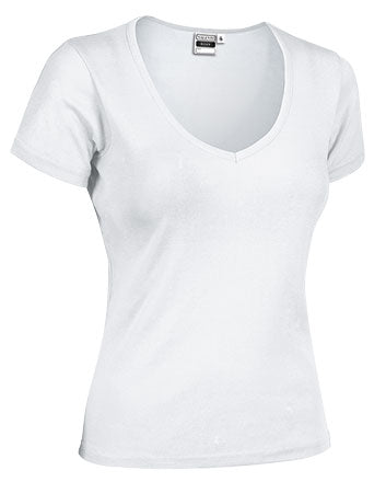 ROXY | T-Shirt de Gola em V para Mulher 50% Poliéster 50% Algodão Corte Estreito | Personalizável | Várias Cores