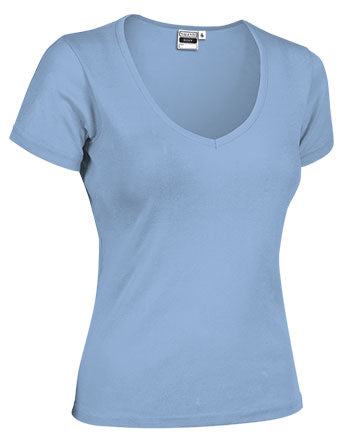 ROXY | T-Shirt de Gola em V para Mulher 50% Poliéster 50% Algodão Corte Estreito | Personalizável | Várias Cores